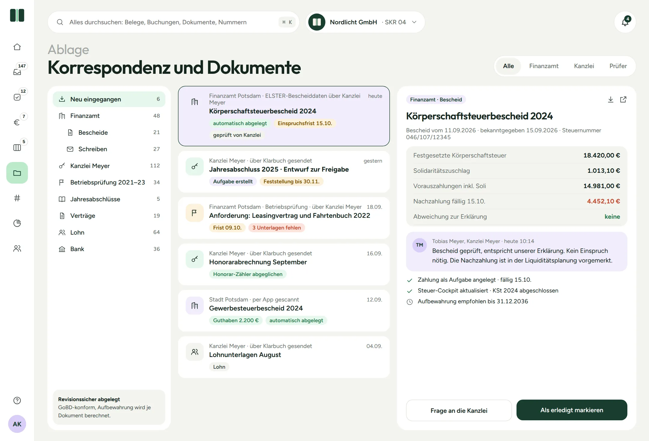 Klarbuch-Produktansicht: Ablage und Korrespondenz (Beispieldaten)