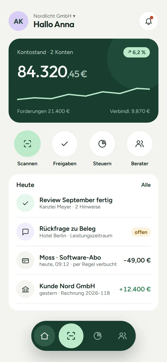 Klarbuch-Produktansicht: App: Übersicht (Beispieldaten)