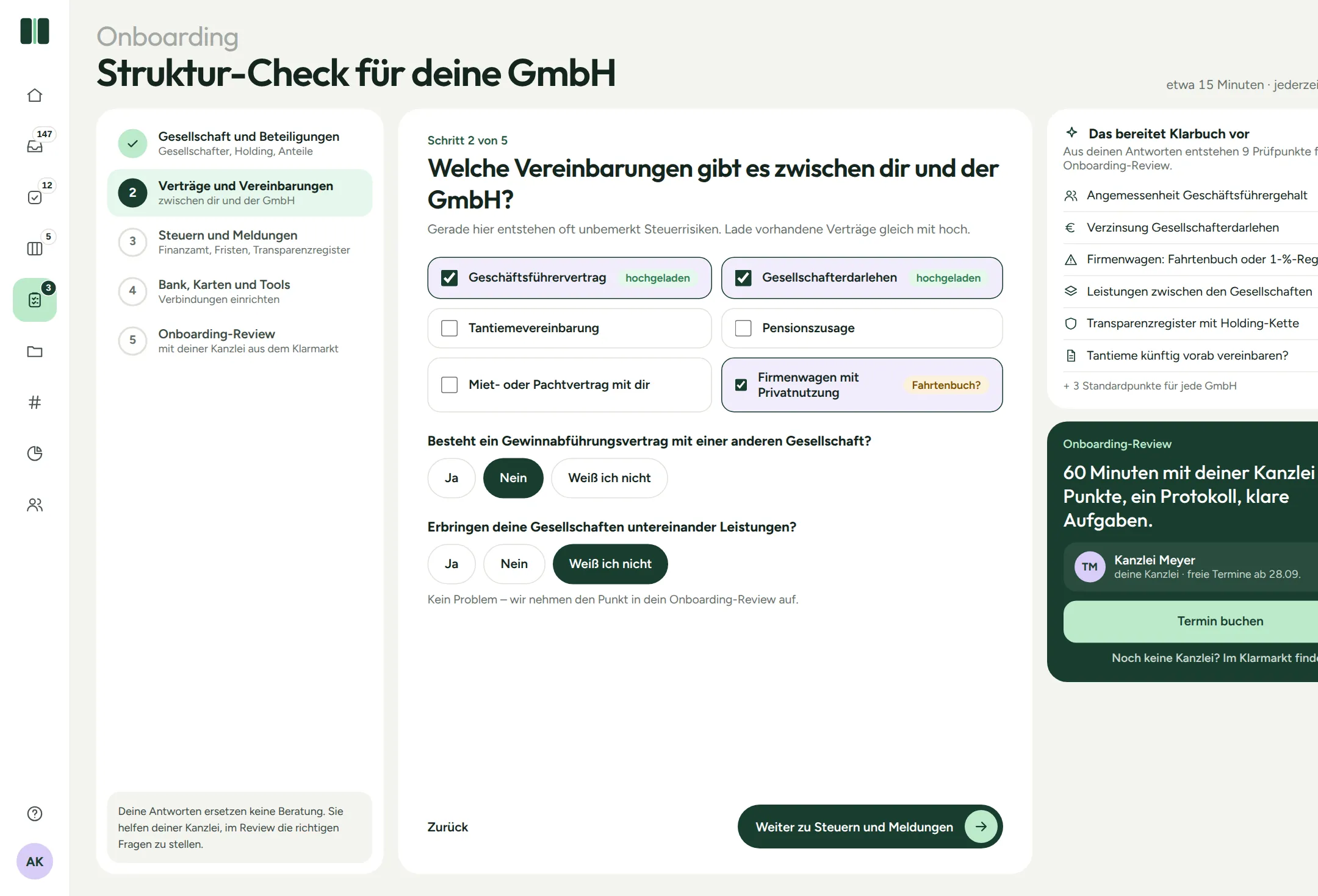 Klarbuch-Produktansicht: Onboarding (Beispieldaten)