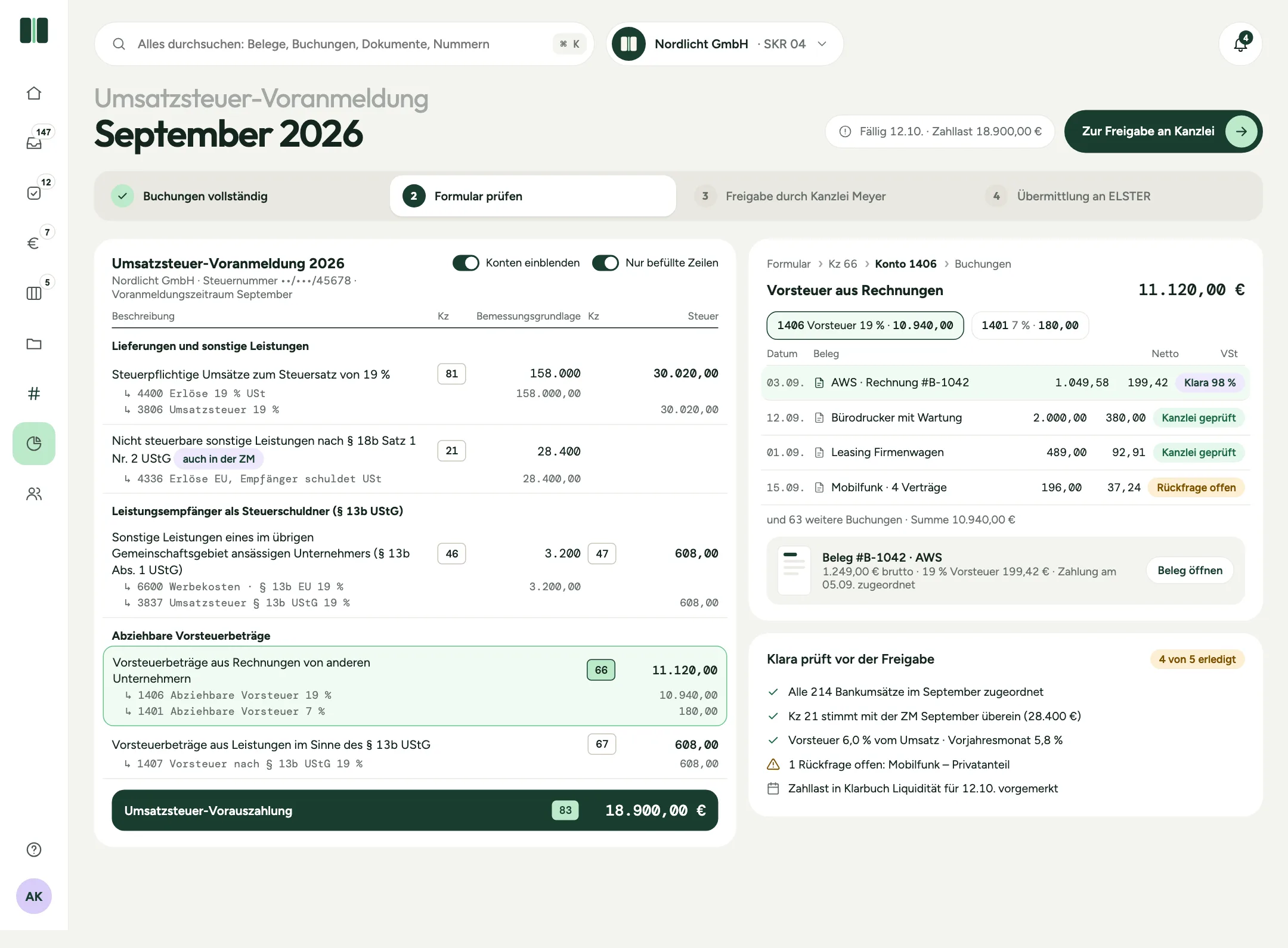 Klarbuch-Produktansicht: Umsatzsteuer-Voranmeldung als Formular (Beispieldaten)