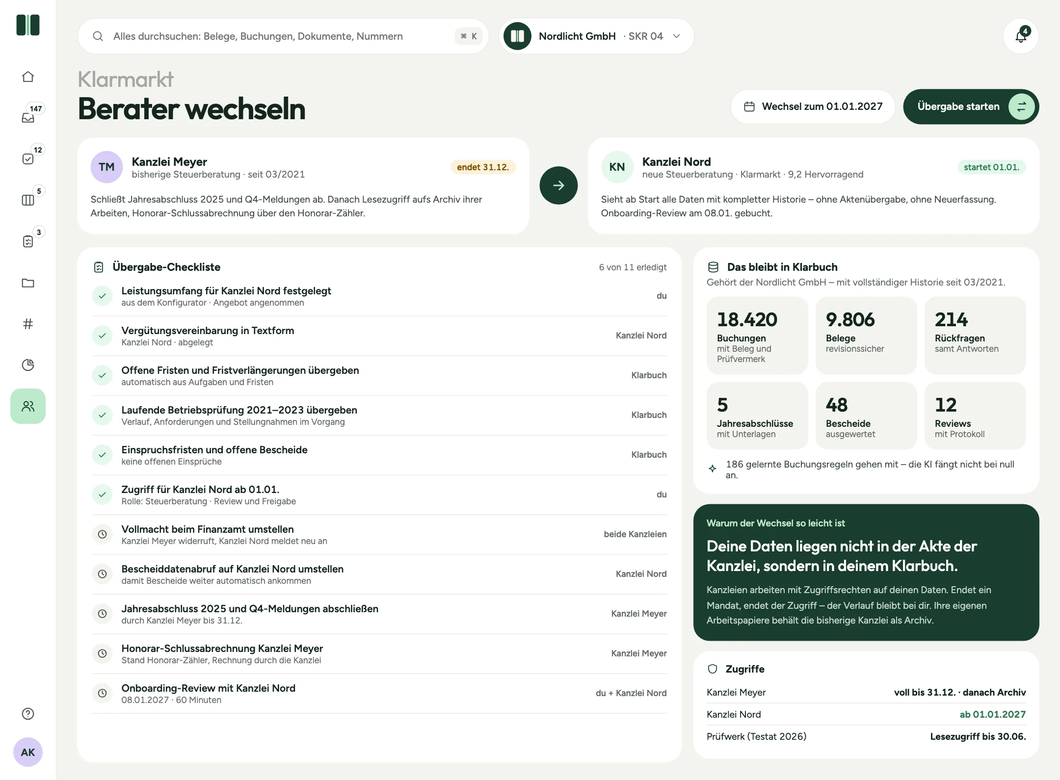 Klarbuch-Produktansicht: Beraterwechsel (Beispieldaten)
